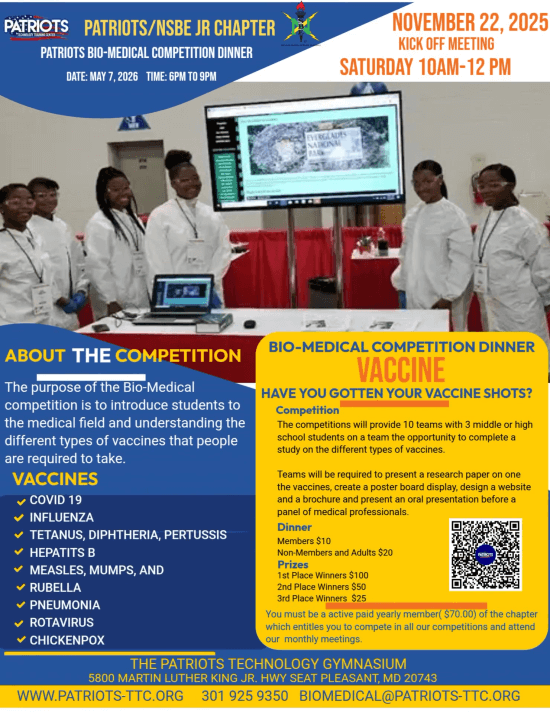 Patriots 2026 BioMedical Flyer Showing 4 girls in lab coats presenting