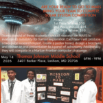 Patriots Solar System Competition flyer with flying saucer in the clouds and students in lab coats presenting their research.