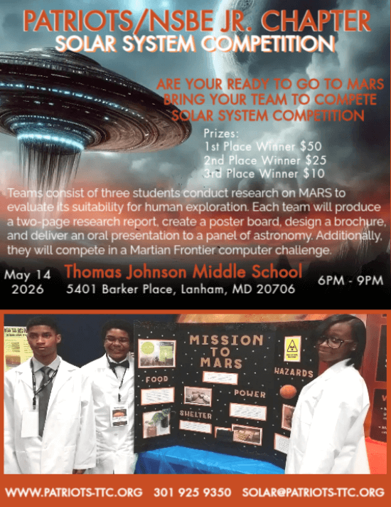 Patriots Solar System Competition flyer with flying saucer in the clouds and students in lab coats presenting their research.