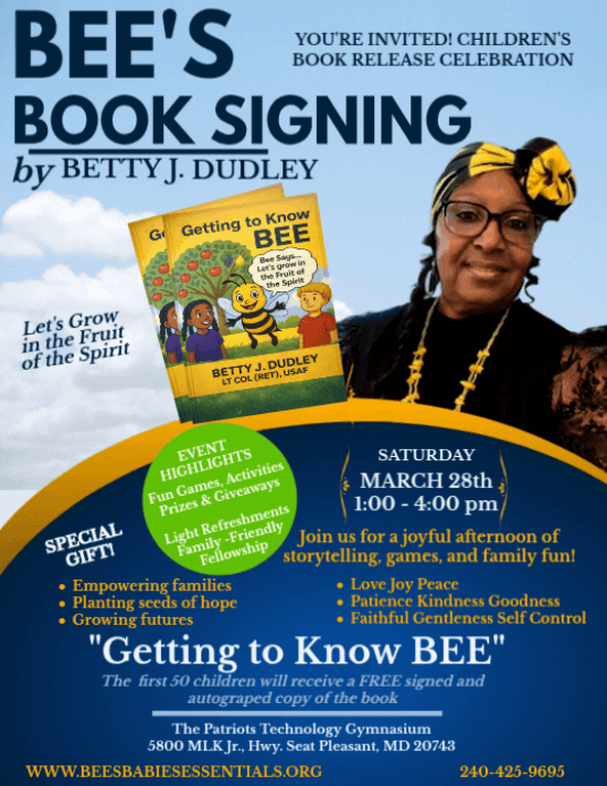 Getting to know Bee's Book Signing Flyer with Bee and Books pictured
