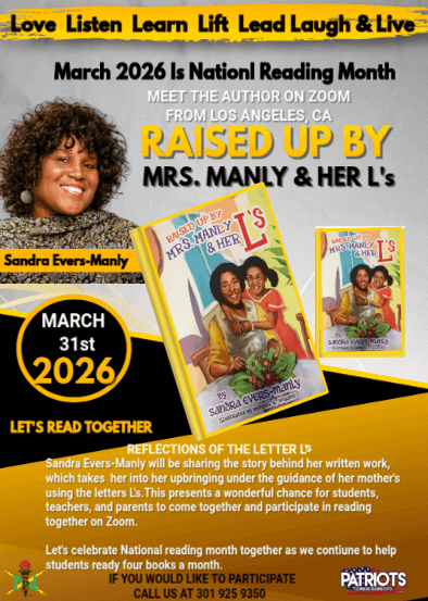 Mrs Manly and Her L's event flyer with Sandra Evers-Manly pictured with her book