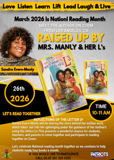 Mrs Manly and Her L's event flyer with Sandra Evers-Manly pictured with her book