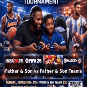 Fathers Day Video Game Competition Flyer. June 13, 2026, 10 AM