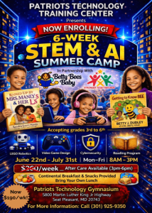 STEM AI Summer Camp. June 22nd to July 31st. Image with kids holding books