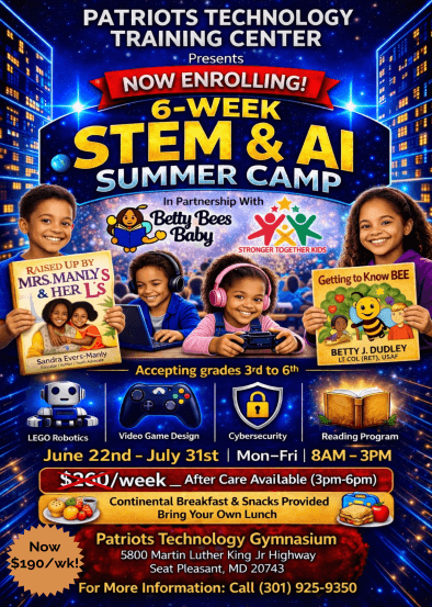 STEM AI Summer Camp. June 22nd to July 31st. Image with kids holding books
